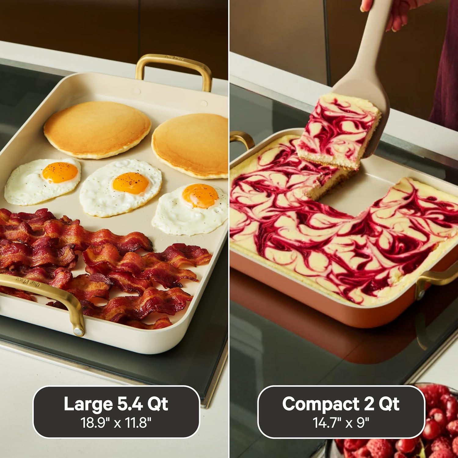 imageOur Place Essentials 4Piece Griddle Pan Set Nonstick Griddle Standard ampamp Mini with Reusable Silicone Oven Mats Thermakind PFASFree Nonstick Oven Safe Stovetop to Oven Versatility Cream