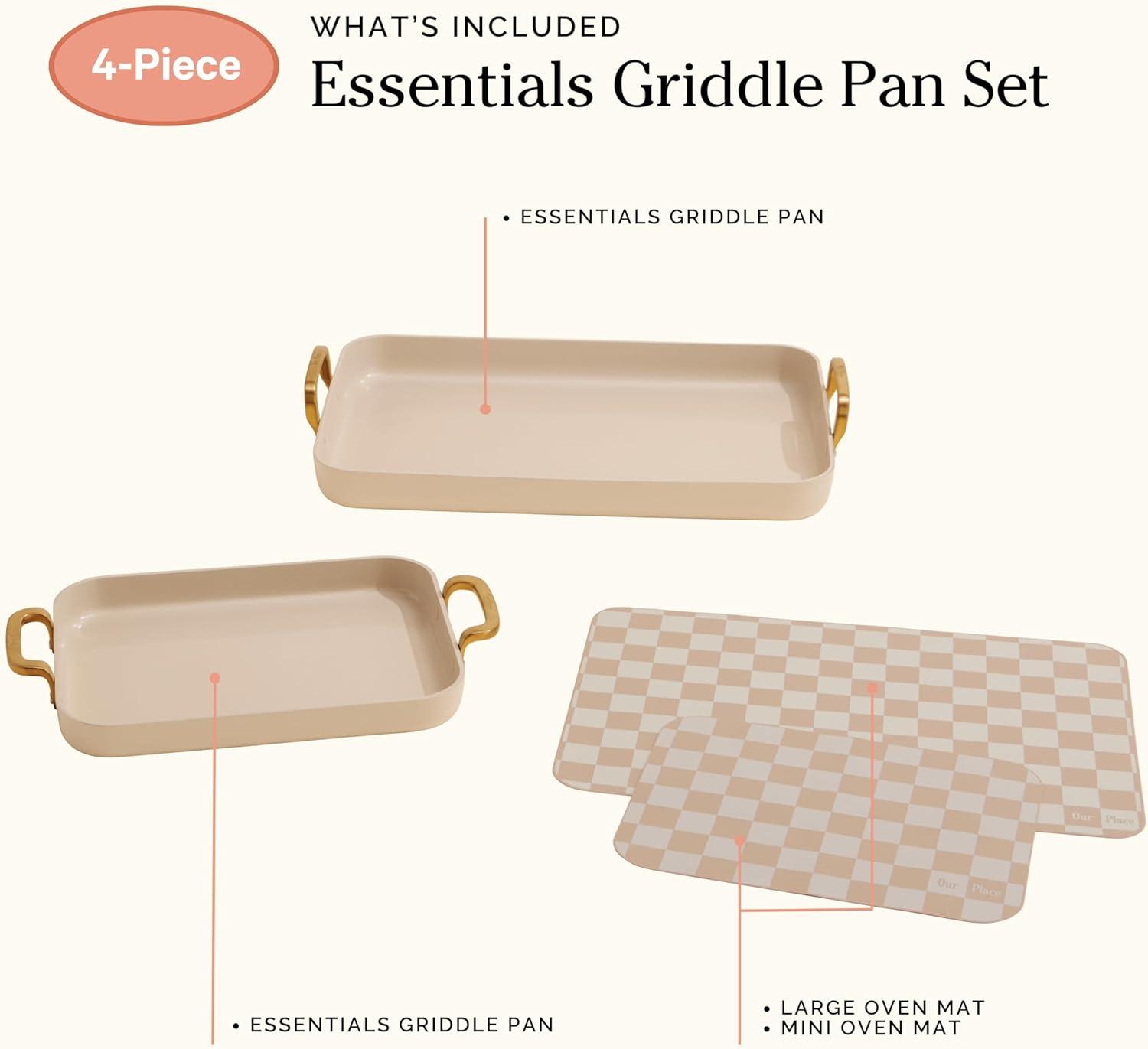 imageOur Place Essentials 4Piece Griddle Pan Set Nonstick Griddle Standard ampamp Mini with Reusable Silicone Oven Mats Thermakind PFASFree Nonstick Oven Safe Stovetop to Oven Versatility Cream
