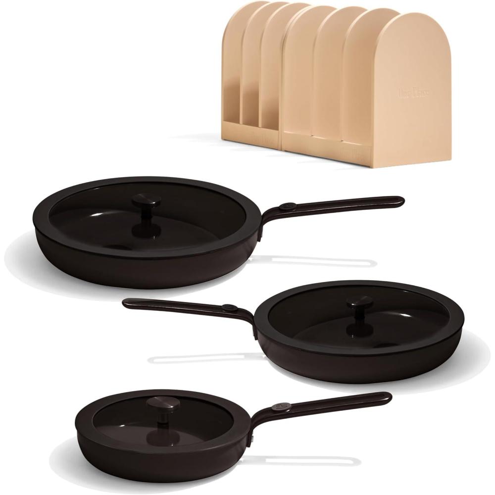 imageOur Place 8Piece Essentials Complete Cookware Set  Ceramic Fry Pan Trio ampamp Modular Rack Storage  Nontoxic Thermakind Nonstick Oven Safe up to 450F ampamp Compatible with All Cooktops  TerracottaChar