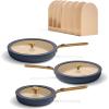 Our Place 8-Piece Essentials Complete Cookware Set – Ceramic Fry Pan Trio & Modular Rack Storage | Nontoxic Thermakind™ Nonstick, Oven Safe up to 450°F & Compatible with All Cooktops | Terracotta(Blue Salt)