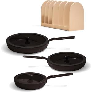 Our Place 8-Piece Essentials Complete Cookware Set – Ceramic Fry Pan Trio & Modular Rack Storage | Nontoxic Thermakind™ Nonstick, Oven Safe up to 450°F & Compatible with All Cooktops | Terracotta(Char)