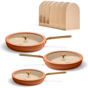 Our Place 8-Piece Essentials Complete Cookware Set – Ceramic Fry Pan Trio & Modular Rack Storage | Nontoxic Thermakind™ Nonstick, Oven Safe up to 450°F & Compatible with All Cooktops | Terracotta(Terracotta)