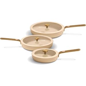 Our Place 8-Piece Essentials Complete Cookware Set – Ceramic Fry Pan Trio & Modular Rack Storage | Nontoxic Thermakind™ Nonstick, Oven Safe up to 450°F & Compatible with All Cooktops | Terracotta(Cream)
