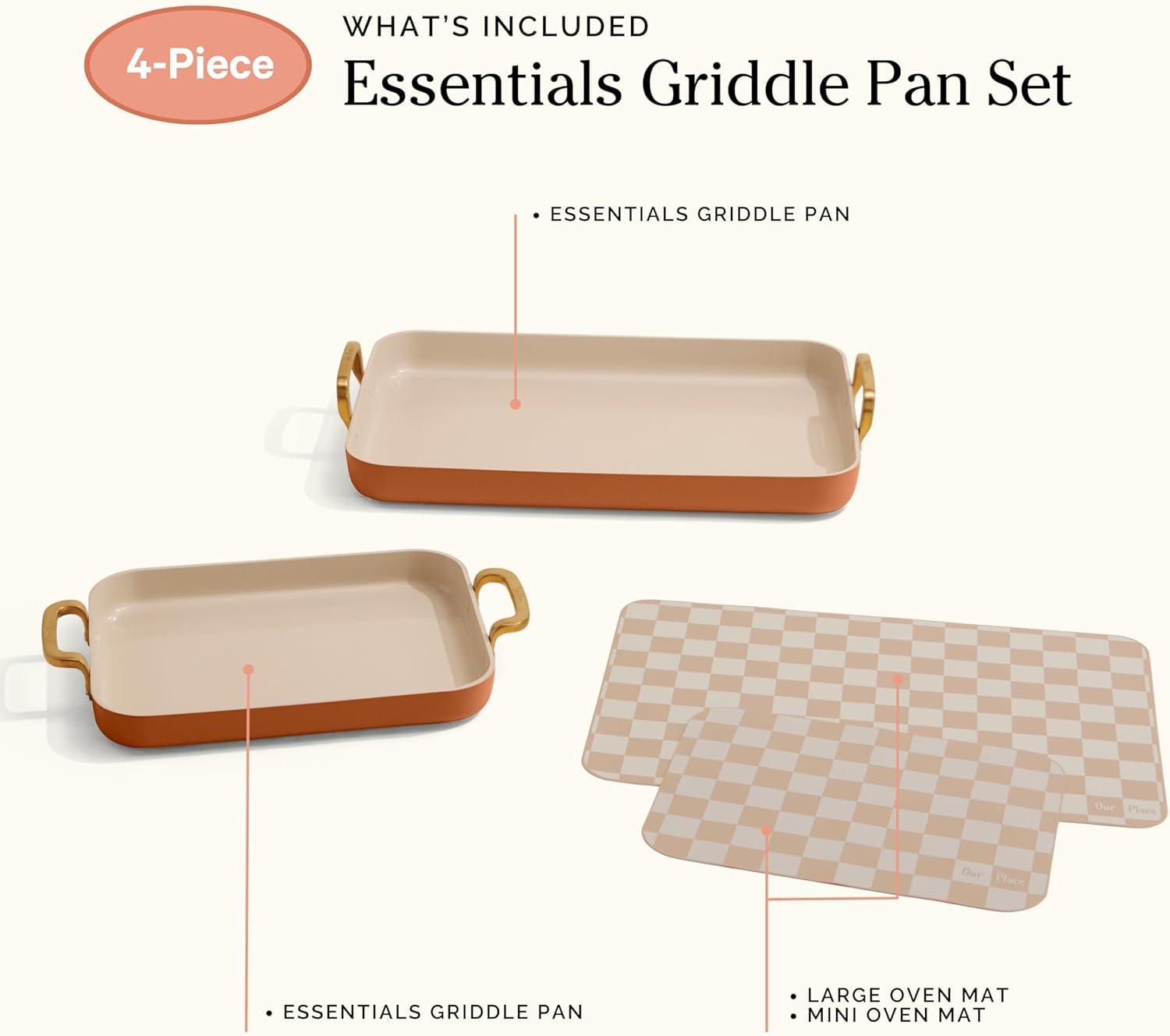 image:imageOur Place Essentials 4Piece Griddle Pan Set Nonstick Griddle Standard amp Mini with Reusable Silicone Oven Mats Thermakind PFASFree Nonstick Oven Safe Stovetop to Oven Versatility Terracotta