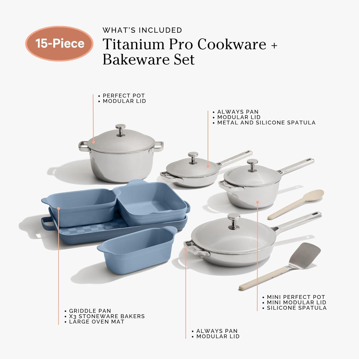 image:imageOur Place 15Piece Titanium Pro Cookware amp Bakeware Set TriPly Titanium amp Stainless Steel Nonstick Fry Pans amp Pots Ceramic Nonstick Bakers amp Griddle Pan Nontoxic PFASFree Blue Salt
