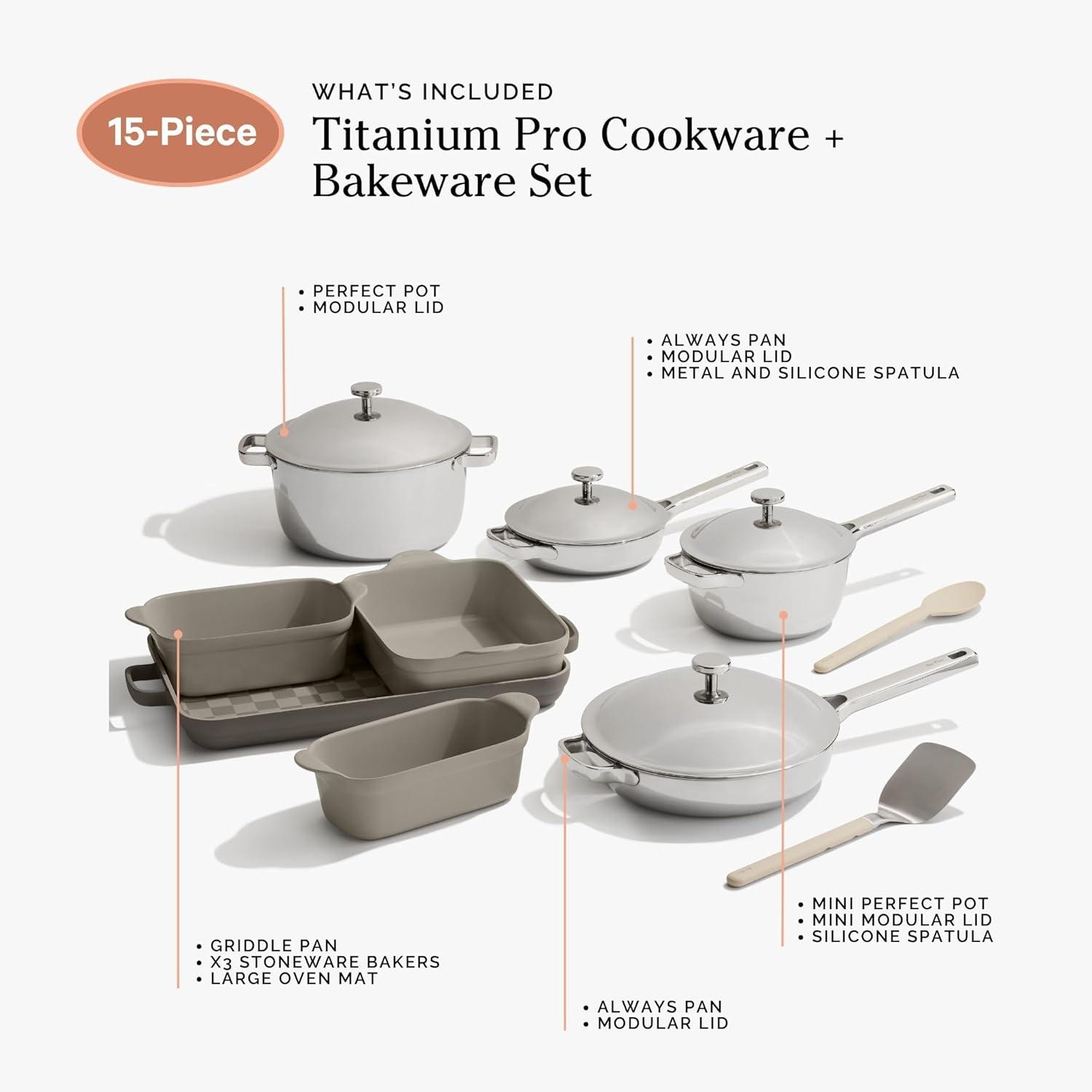 image:imageOur Place Titanium Pro Cookware amp Bakeware Set 15Piece Nontoxic Nonstick Kitchenware with Titanium Always Pan Pro Perfect Pot Pro Minis amp Ceramic Bakeware with Stovetop Griddle Char