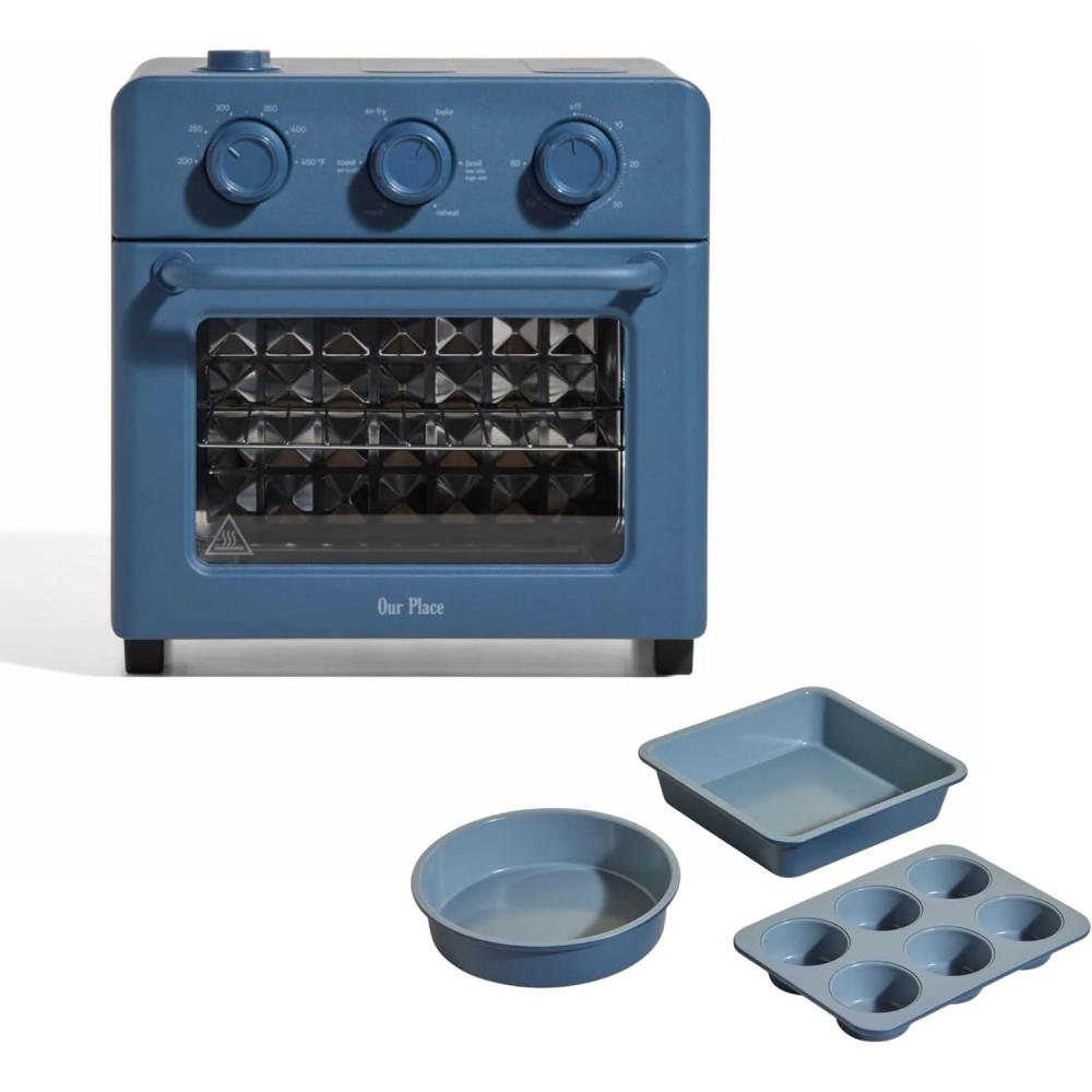 image:imageOur Place Wonder Oven Bakers Kit 6in1 Air Fryer amp Toaster Oven with Steam Infusion 3Piece Nonstick Ceramic Bakeware Set Round Square amp Muffin Pan NonToxic PFASFree Baking Blue Salt
