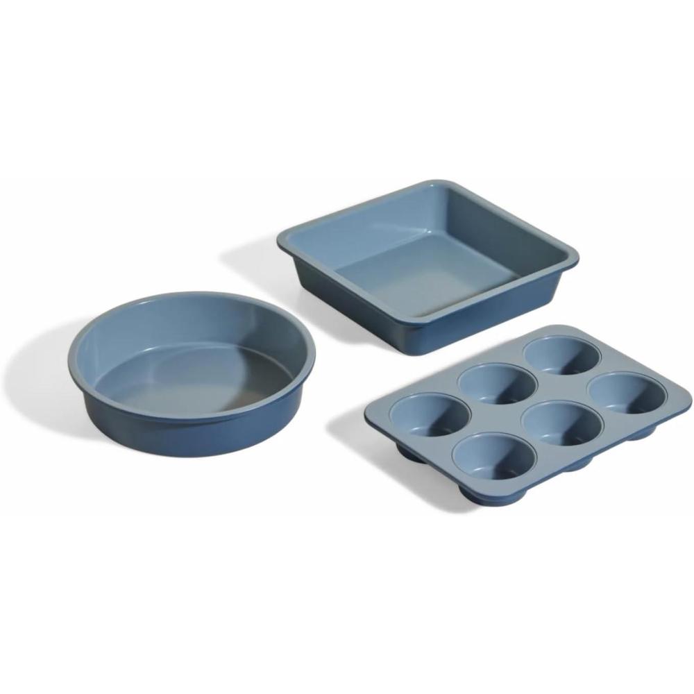image:imageOur Place Wonder Oven Bakers Kit 3Piece ToxinFree Ceramic Nonstick Bakeware Set 8 Round 8 Square 6Cup Muffin Pan OvenSafe up to 450F SpiceBlue Salt